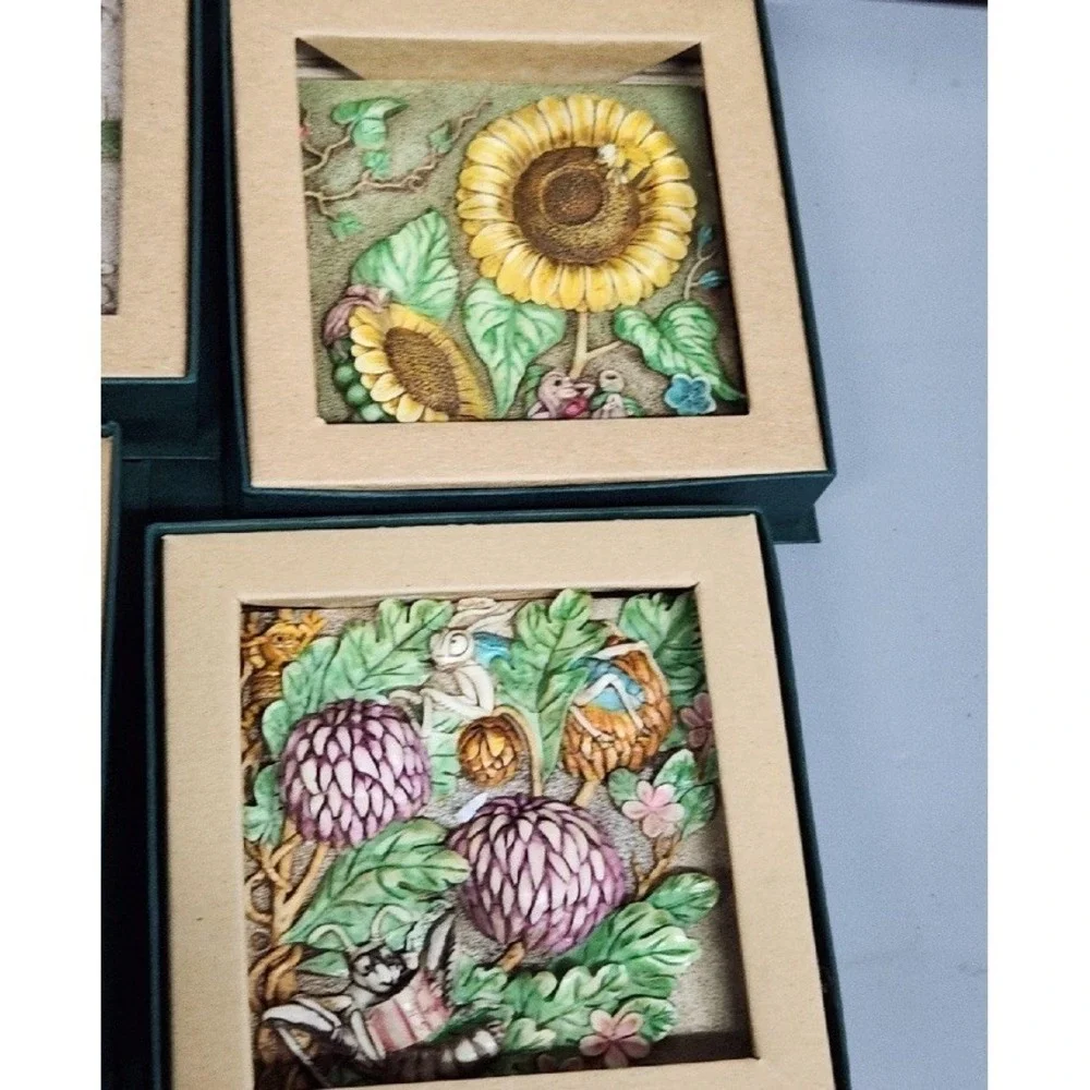 Harmony Kingdom Picturesque 4 Tile Wood Frame Set Fairy Sunflower Mantis Thistle